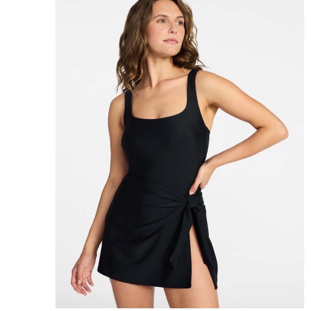 Time and Tru Womens Faux Wrap Swim Dress Rich Black One Piece Swimsuit L 12-14